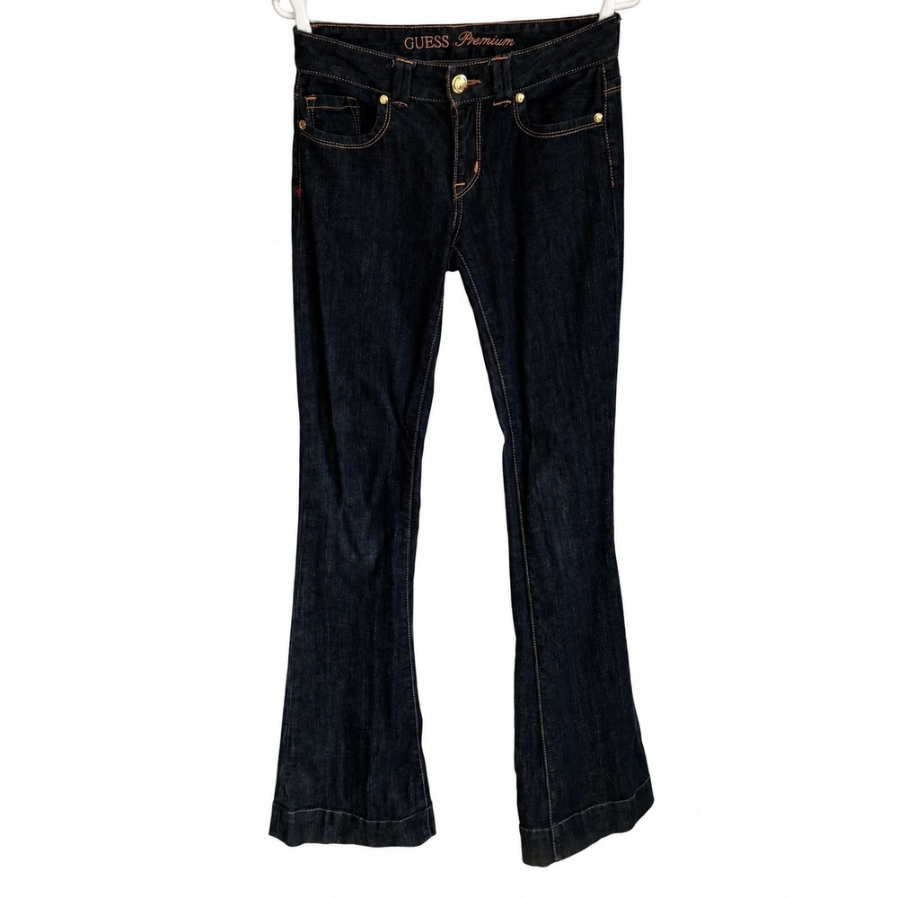 GUESS Premium Women Dark Wash Y2K Flare Jeans Gold G Hardware Hemmed Size 24